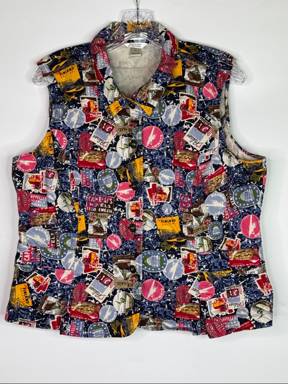 Christopher & Banks AOP Retro Hotel Label Travel Stamp Vest Size XL